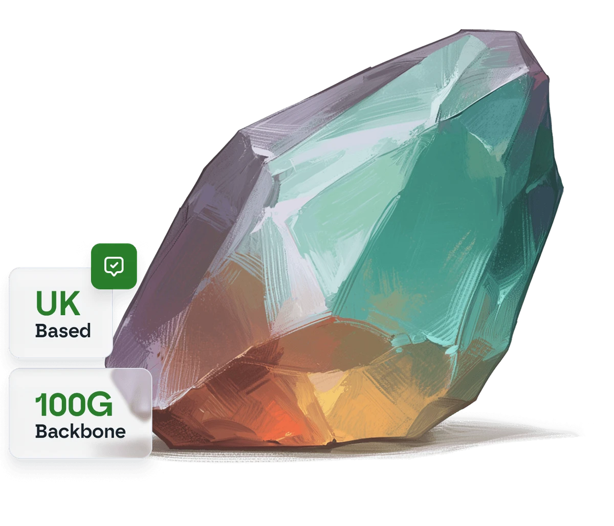 Illustrated rainbow iridescent crystal gem with trust badges showing UK Based and 100G Backbone network capacity
