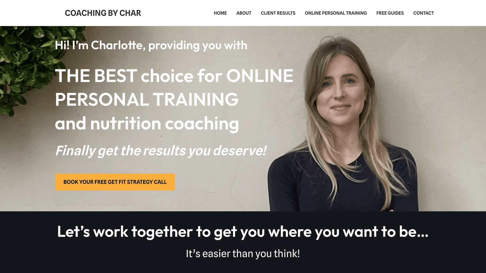 Screenshot of the Coaching by Char website, featuring personal trainer Charlotte smiling next to a Google review badge and promotional text for personal training in Bristol.