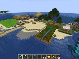 Minecraft island featuring farmland, trees, houses, and livestock enclosures, surrounded by water.